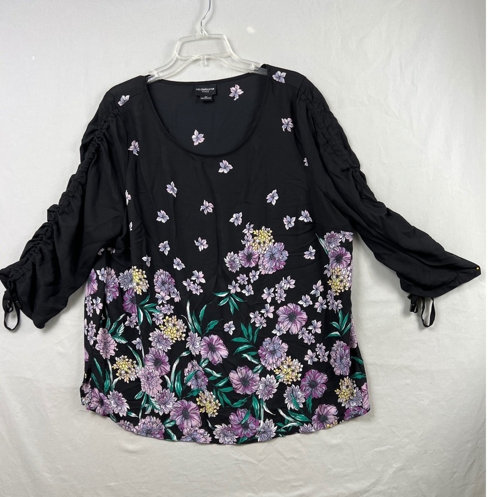 Liz Claiborne Floral Blouse Womens 0X Sheer Black Ruched 3/4 Sleeve Chiffon